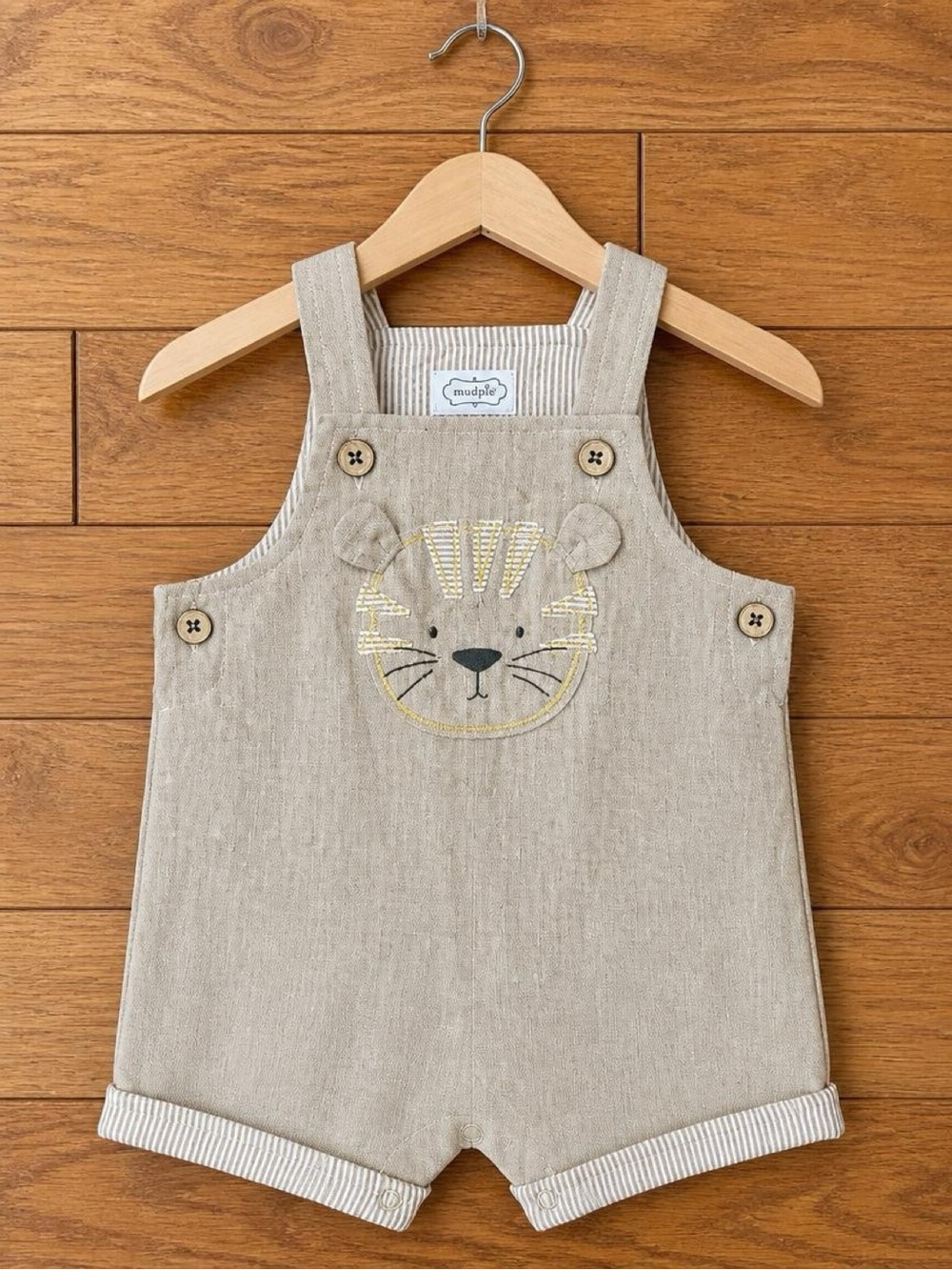 Mud Pie Beige Lion Embroidered Baby Overall Short Romper 6-9 months